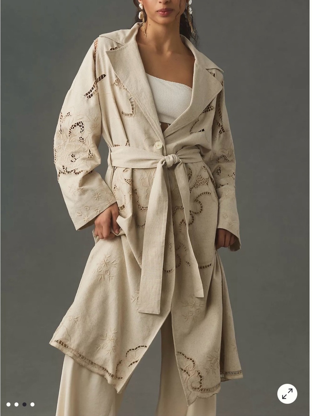 Avec Les Filles Cutwork Tie-Waist Oversized Trench Coat, Size L, Color Beige